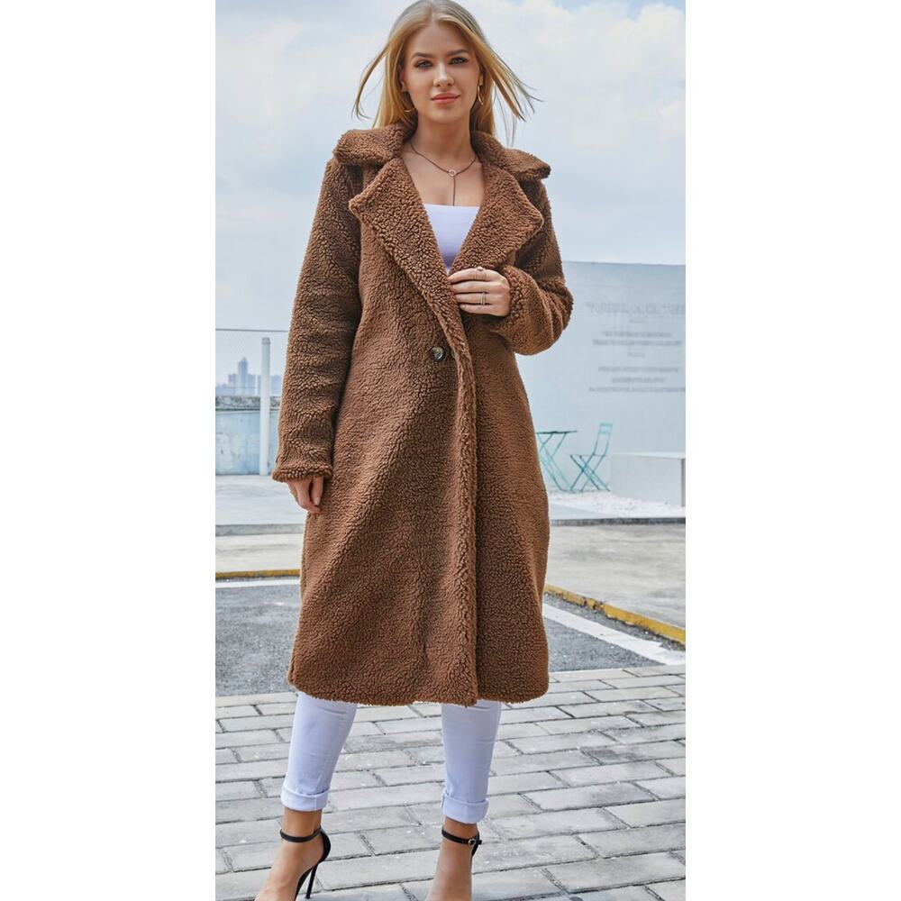 Eilly Bazar Double Button Teddy Midi Coat-Brown-Medium - Picture 2 of 9